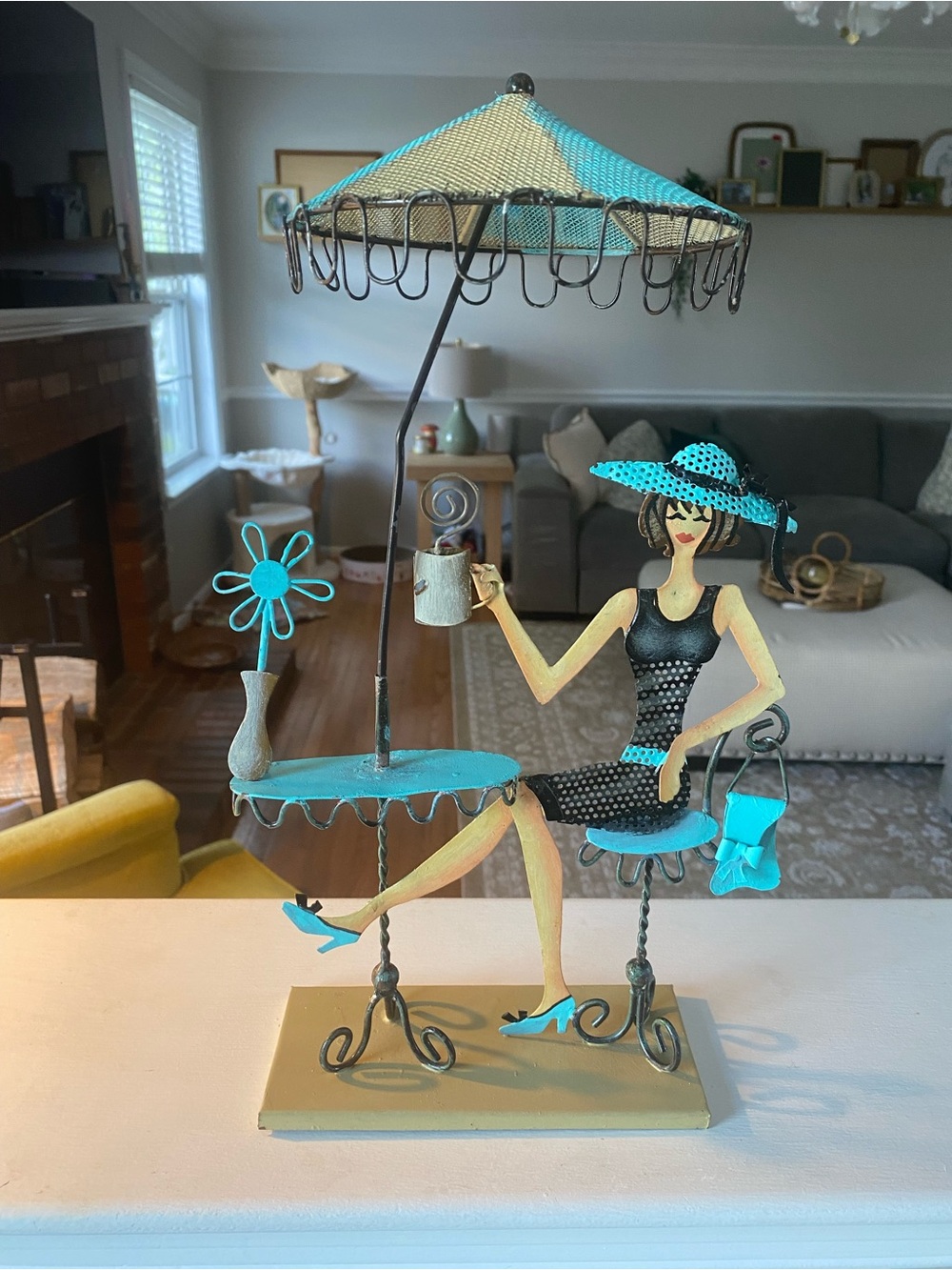 Decorative Metal Bistro Lady Figurine in Teal and Black